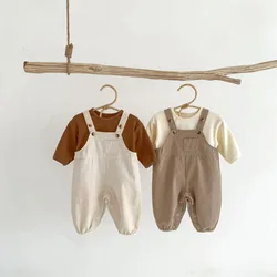 Corea primavera autunno neonato neonati 2 pezzi vestiti Set orso stampa manica lunga cotone Top solido tasca tuta pantaloni bretella