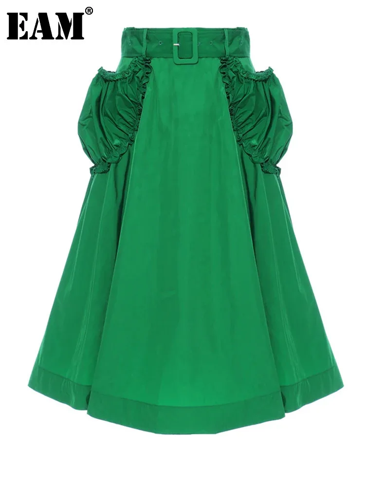 

[EAM] High Waist Green Pleated Pockets Belted Long Casual Half-body Skirt Women Fashion Tide New Spring Autumn 2024 1DF5232