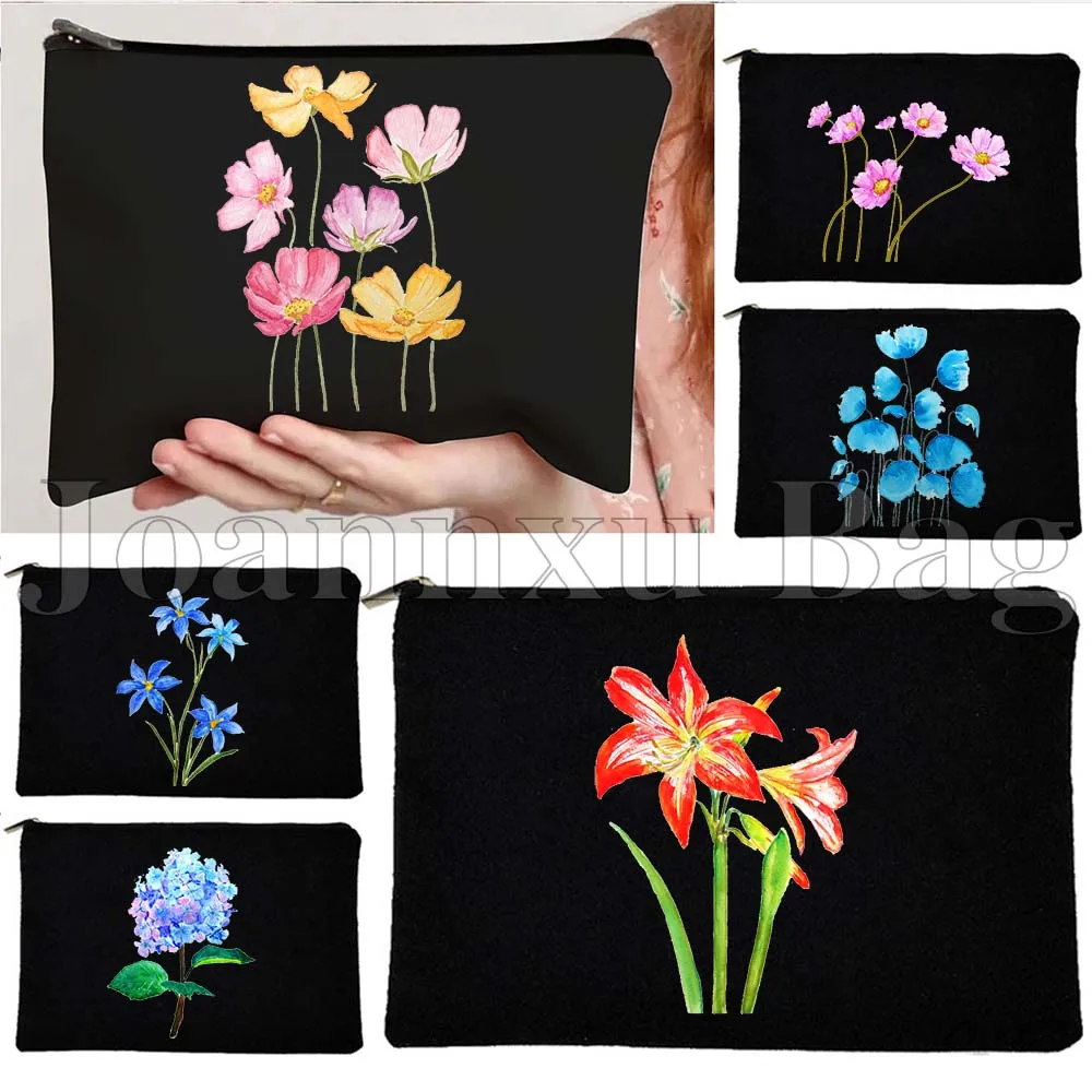 

Floral Hand Painted Colorful Cosmos Flowers Poppy Hydrangea Hyacinth Cherry Blossom Canvas Cosmetic Bags Makeup Bag Pouch Wallet