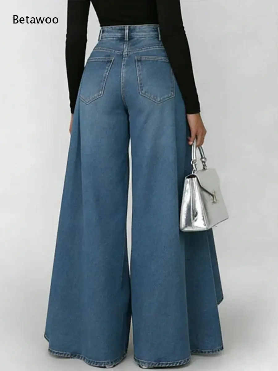 Ladies Mid Rise Button Denim Pants Outer Flared Panel Design Side Pocket Loose Wide Leg Jeans Elegant Streetwear Long Pants