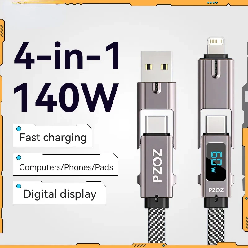 PZOZ 4 في 1 140 واط PD USB C كابل شاشة ديجيتال شحن سريع آيفون 16 15 14 برو ماكس ماك بوك باد USB نوع C شاحن الحبل
