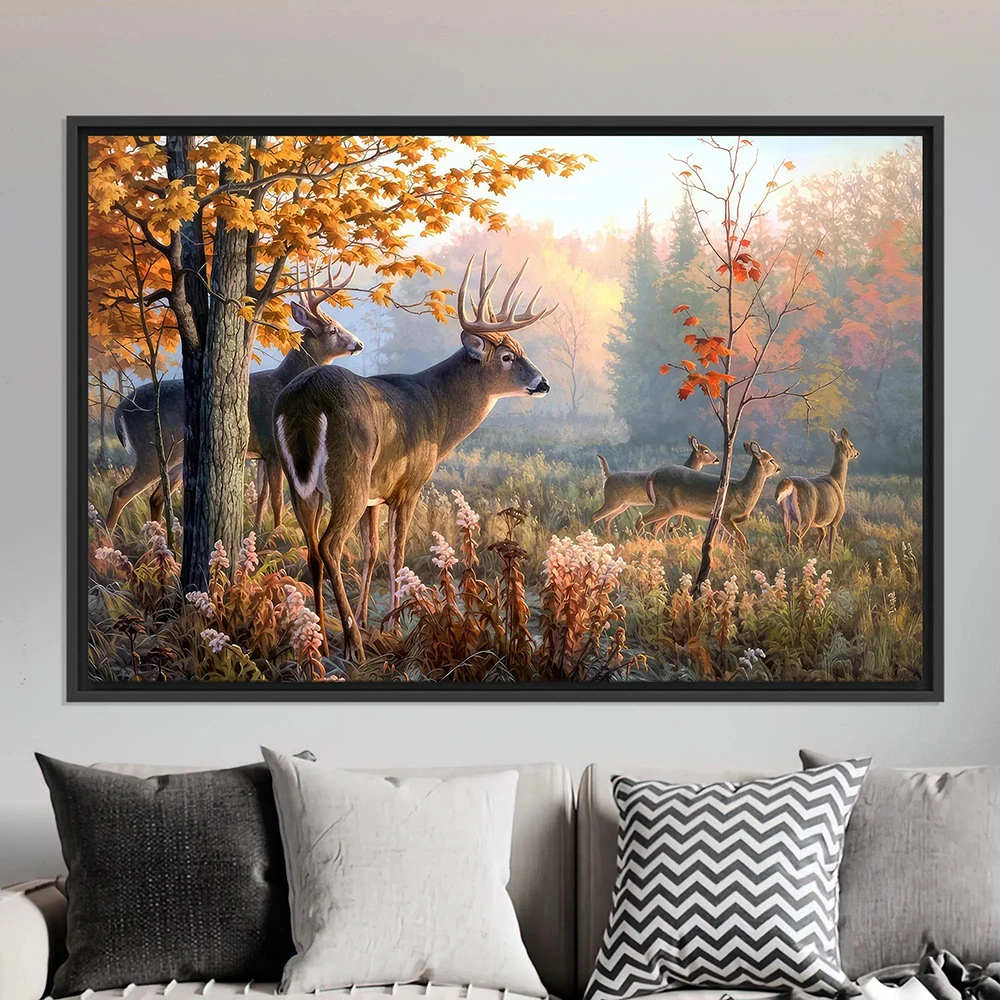 (بدون مؤطرة) الغزلان قماش جدار الفن ريفي قماش اللوحة طباعة الغزلان في الخريف الغابات المشهد صور المشارك الفني الحديث Ho
