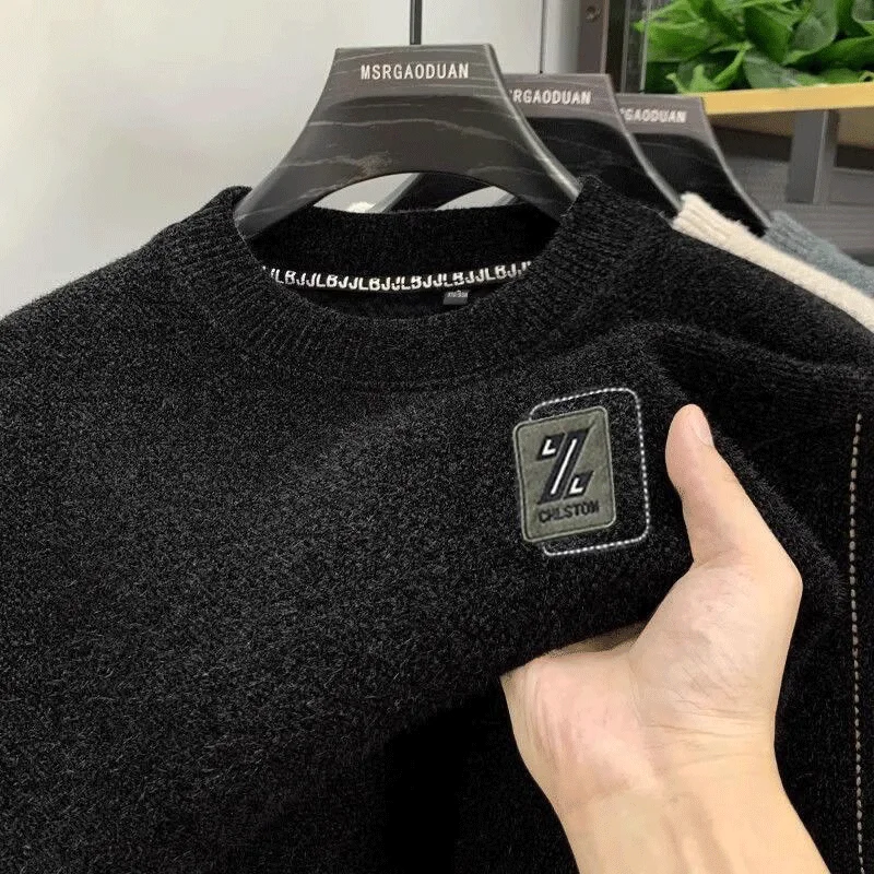 Herren-Pullover für Herbst und Winter, O-Ausschnitt, Strickmuster mit Schriftzügen, Plüschfleece-Futter, Warmer Wollpullover, Herren-Unterziehpullover, Jumper – Detail 12