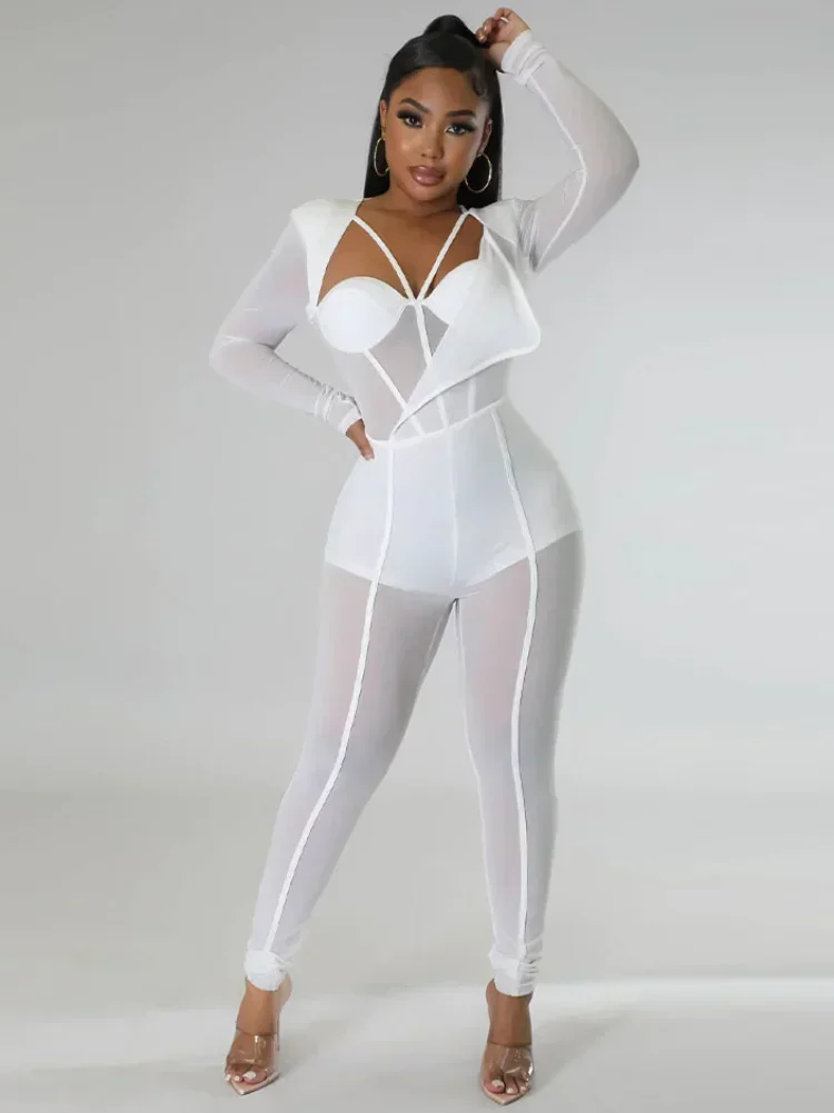 

GUWU сексуальный прозрачный сетчатый лоскутный комбинезон, комбинезон с вырезами, брюки с длинными рукавами, узкие повязки, прозрачное боди для вечеринок в ночном клубе