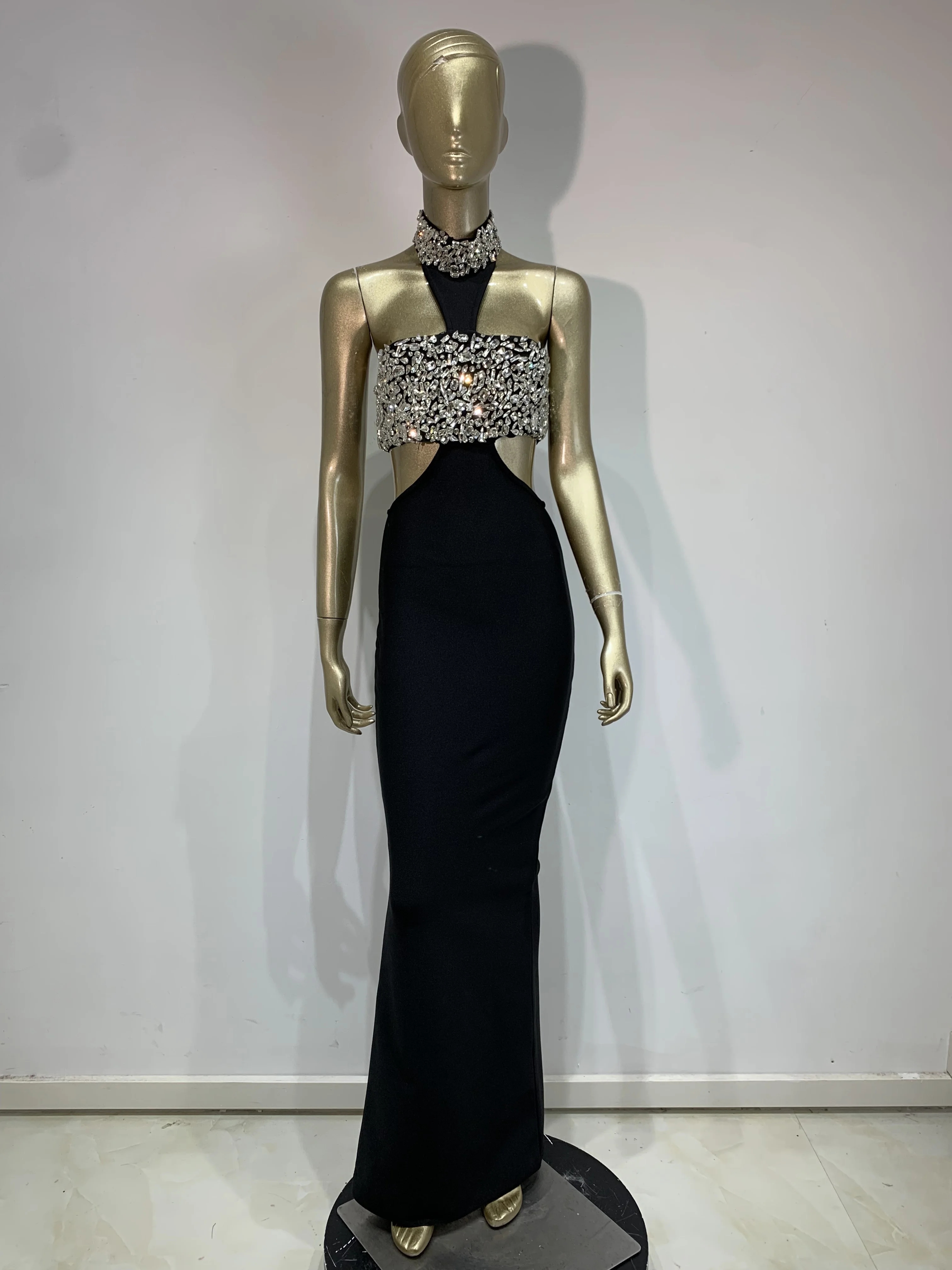 Women Black Halter Crystal Backless Cut Out Long Bandage Dress Birthday Celebrity Evening Club Party One Piece Gala Gowns