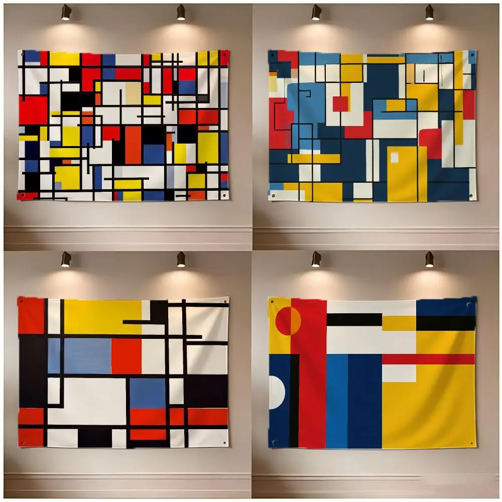 Bold Geometric Mondrian Print Flags Borderless Four Ring Ornament Indoor Outdoor Decoration Quick Hang Install