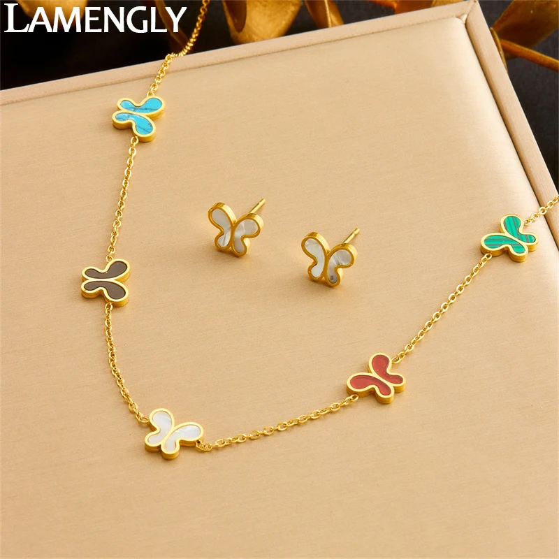 LAMENGLY 316L Stainless Steel Creative Multi Colored Butterfly Series Necklace Earrings For Women Girl Trendy Jewelry Set Gifts