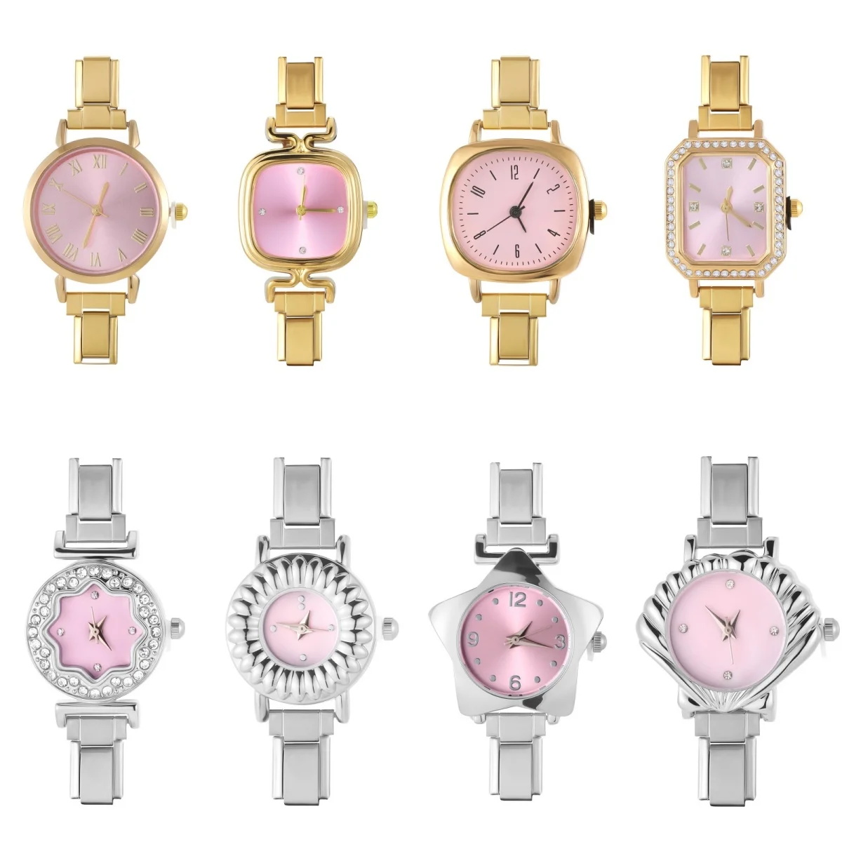 Fashion Pink Dial Women's Stainless Steel Roman Numerals Watch Bracelet For Party Friend Wife Birthday Jewelry Gifts Wholesale
