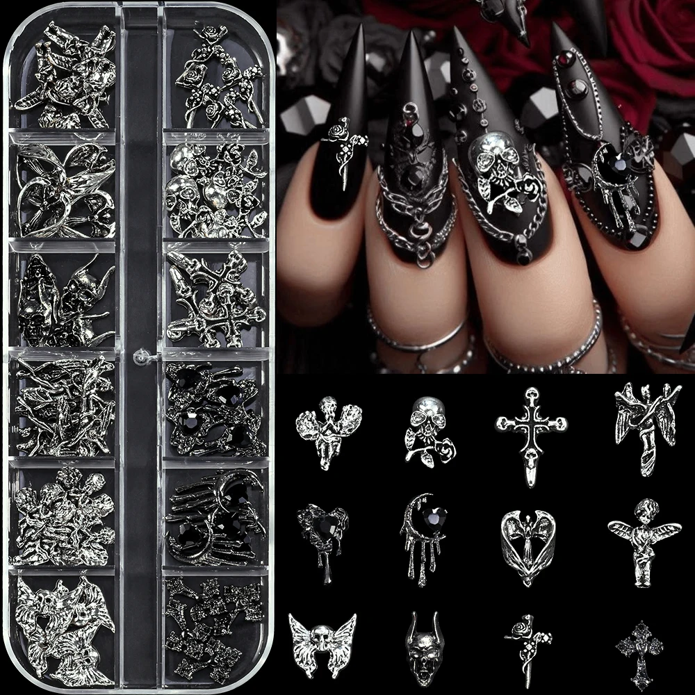 12 Grids - Adornos de Uñas de Metal Punk con Calaveras y Cruces, 3D, Plateados y Negros, Estilo Gótico Barroco, Remaches de Aleación con Esqueletos de Ángel, Decoración de Uñas Y2K