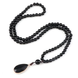 Black Obsidian Meditation Necklace For Men Natural Black Onyx 108 Mala Beads Pendnat Long Necklace Women Buddhist Prayer Jewelry