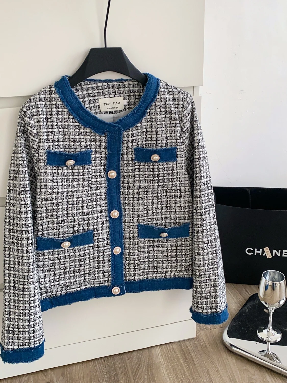 

Retro ort Pearl Buttoned Tweed Jaet Women's Faion Denim Patchwork Autumn 2025 Luxury Loose Fit Long Sve Coat