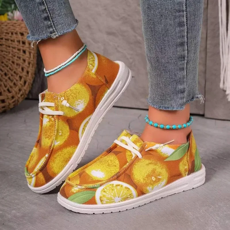 

Large Size Women's Casual Shoes One Kick Flat Sole Round Toe Doudou Shoes Leisure 2025 Canvas Printing Trend Zapatillas De Mujer