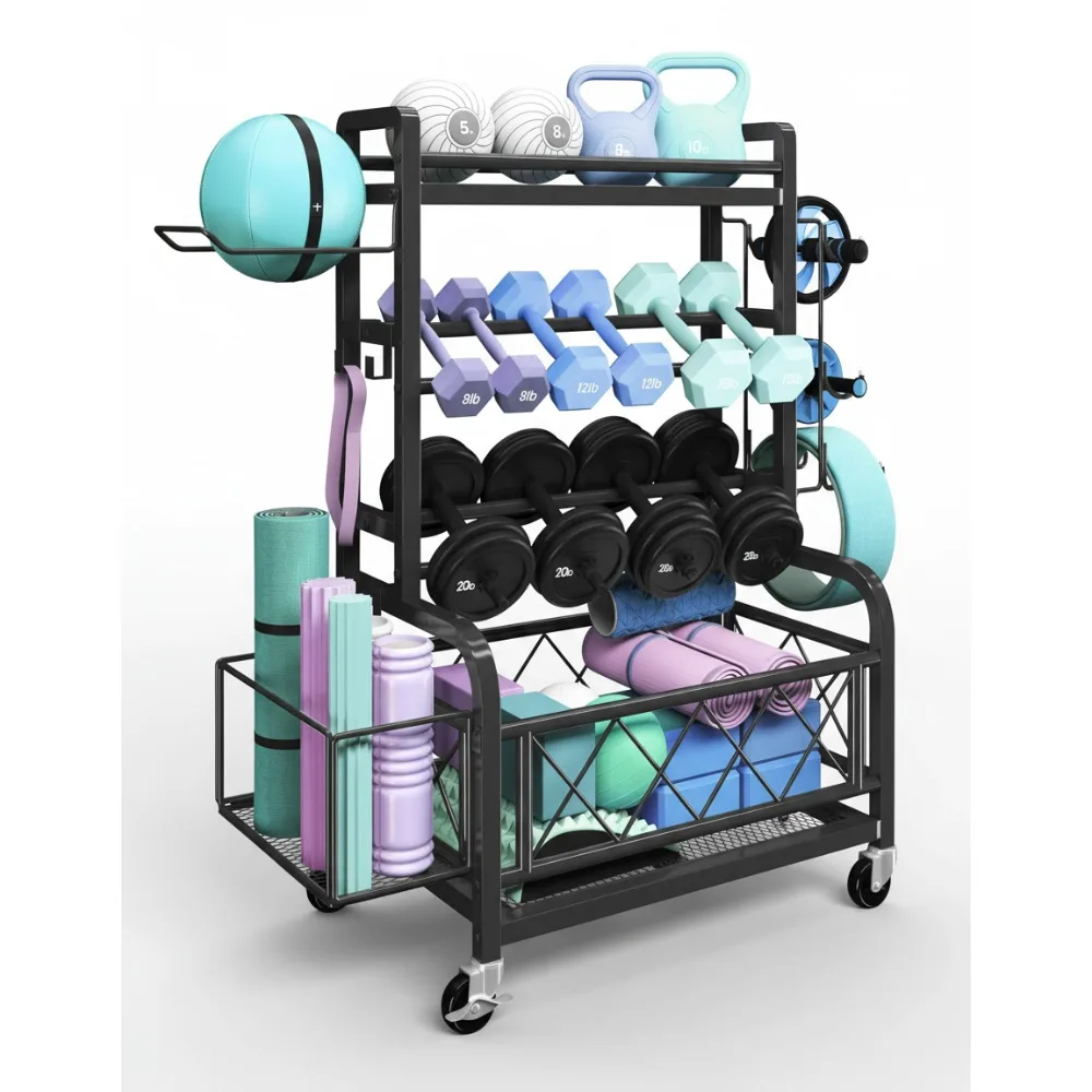 

Сверхмощная подставка для гантелей с колесами и крючками, вместимость 400 фунтов для хранения домашнего спортзала для гири, коврик для йоги