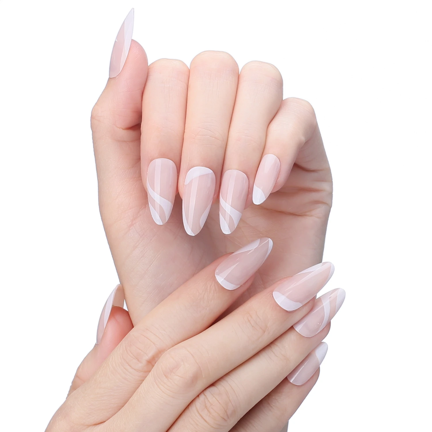 Geometric patterns White vortex round False nails Almond White Swirl French Faux Nails Nude Fake nails Tip Natural salon at home