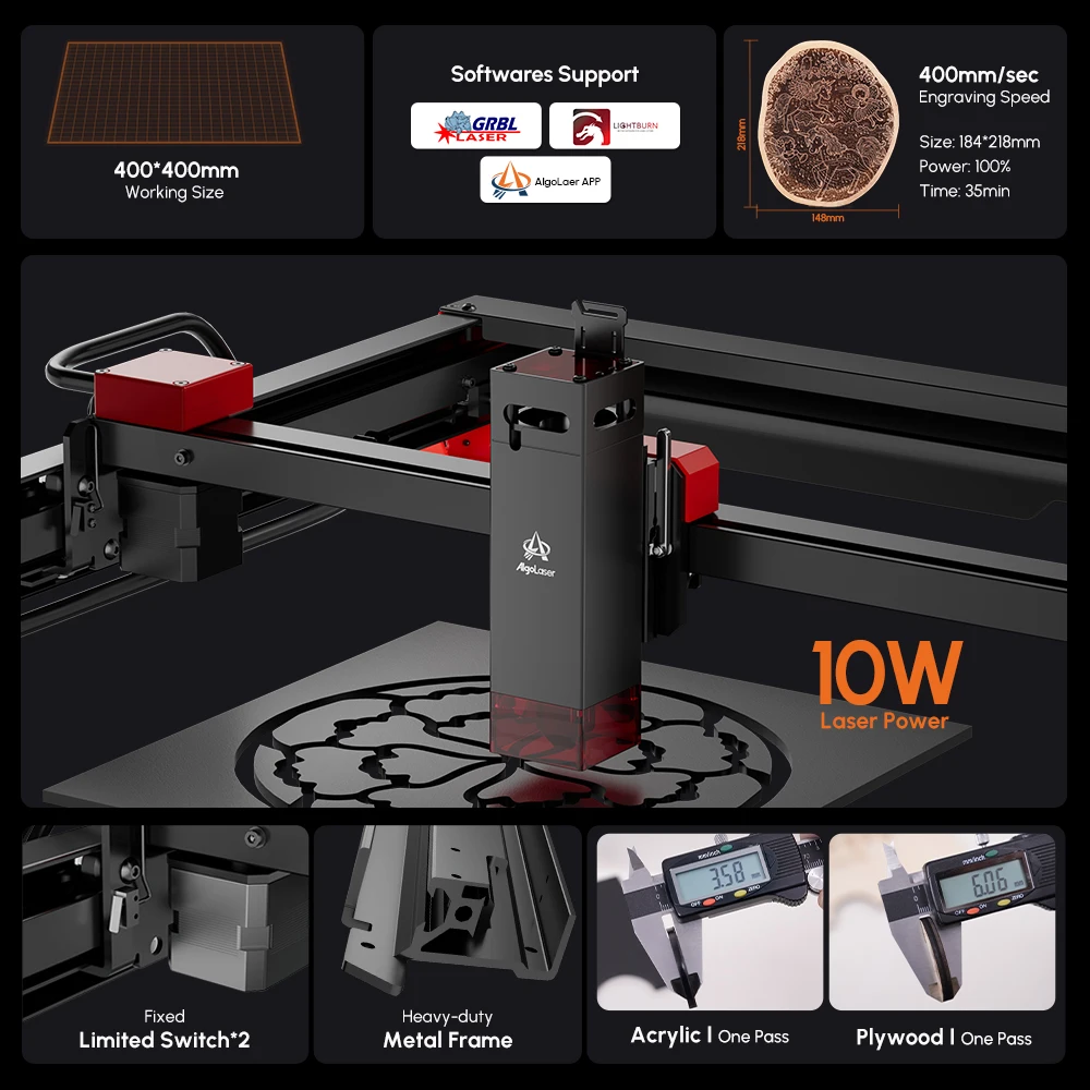 APP/WIFI AlgoLaser Laser Engraver Alpha 10W Output, 400mm/s Speed Laser Cutter with 30L Laser Air Assist 40X40/40X85MM Work Area