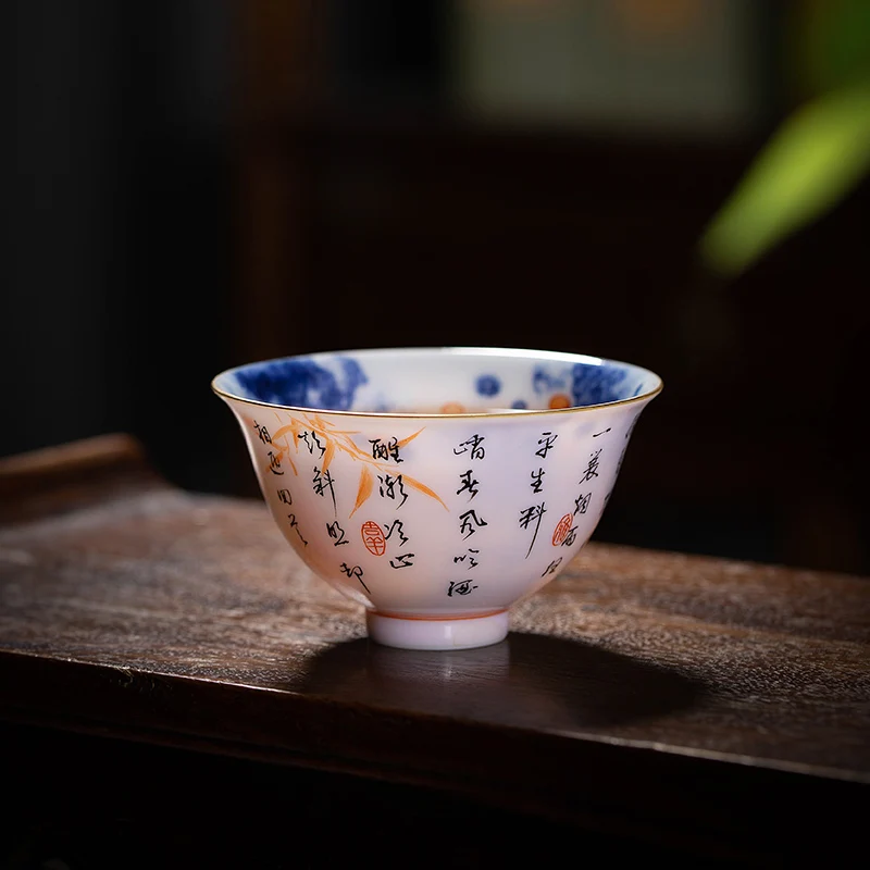 Bamboo Kiln Blue and White Alum HY Egg-Shell Porcelain Master Cup Kung Fu Tea Cup Hand Painted Goldfish Calligraphy Cup Handmade