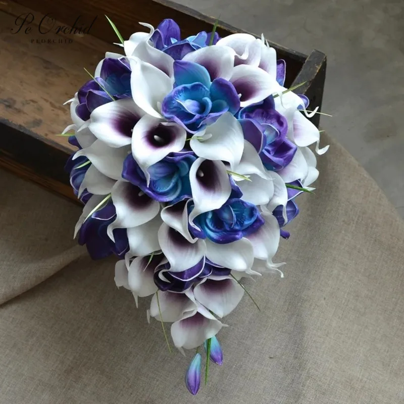 

PEORCHID Beach Blue Purple Bridal Bouquets For Hand Holding Flowers Real Touch Orchids Calla Lilies Cacading Wedding Bouquets