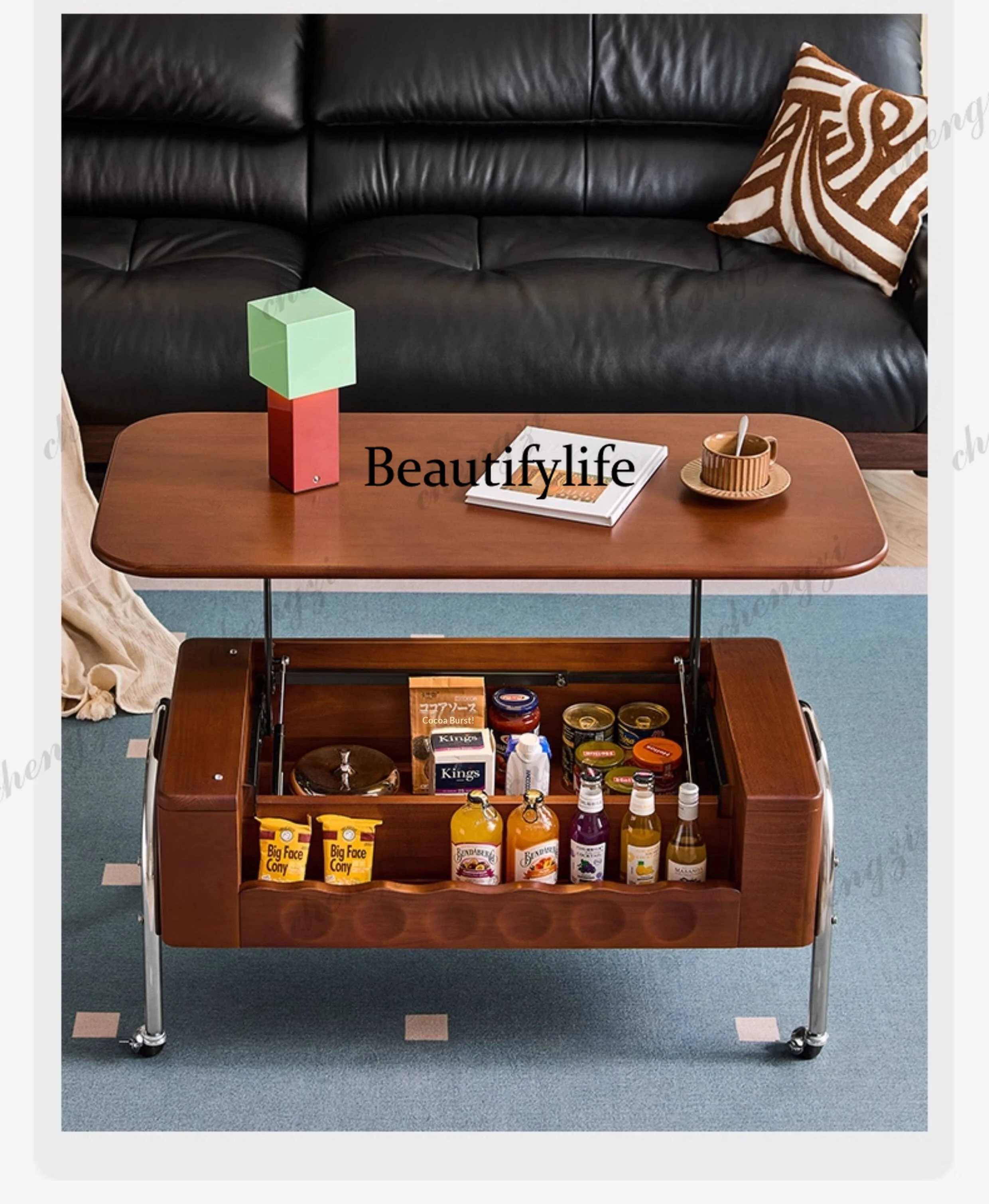 A68  Mid Century Modern Solid Wood Lift Coffee Table Movable With Storage Height Adjustable For Living Room Home
