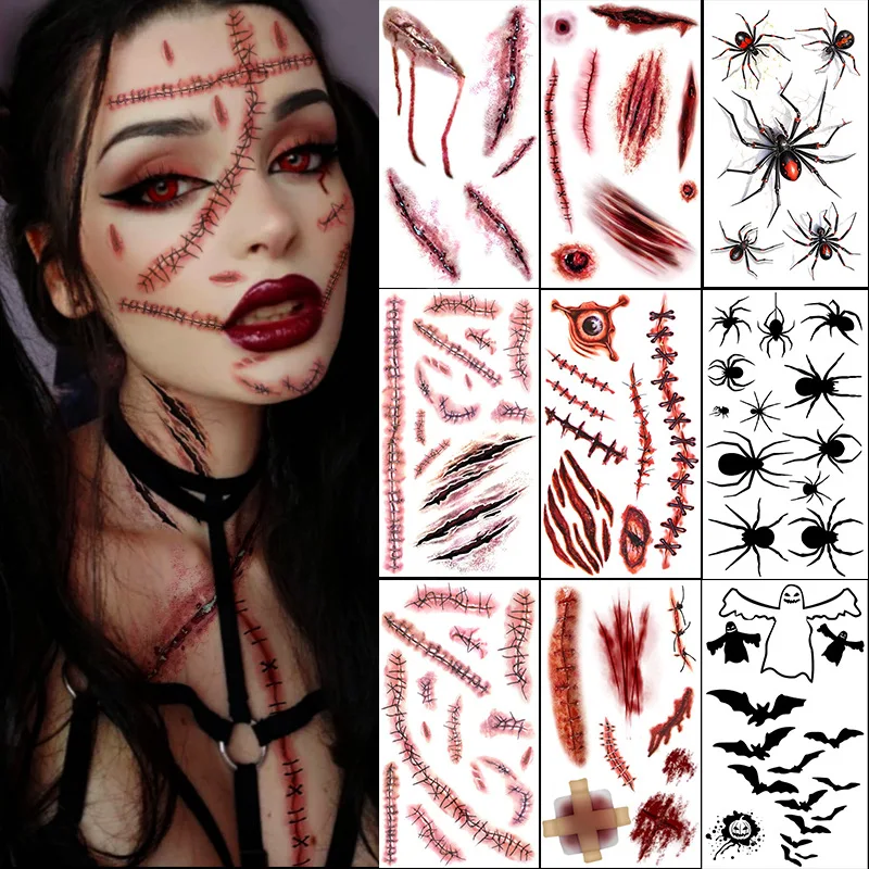 Waterproof Halloween Fake Wound Scar Temporary Tattoos Realistic Bloody Stitch Scab Tattoo Stickers for Cosplay Party Decor