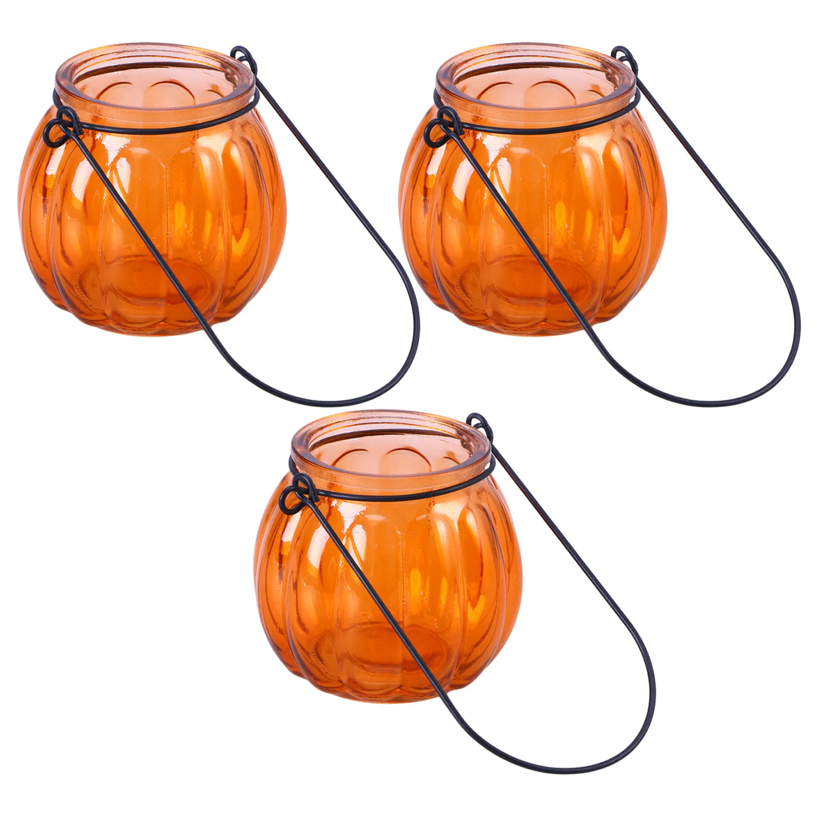 3Pcs Pumpkin Glass Holders Clear Decorative Tea Light Holder Hanging Votive Lantern Centerpiece Table Decor