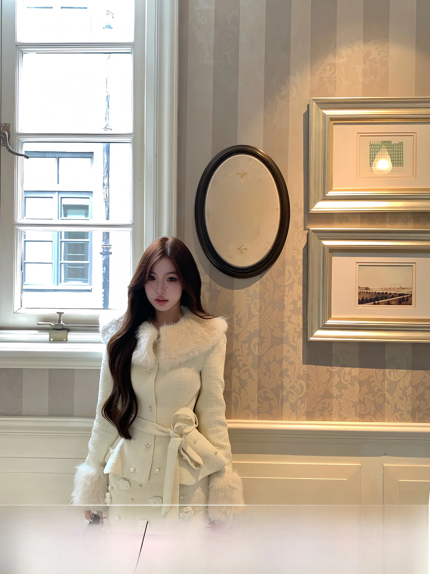 

Detachable Fur Collar Woolen Jaet 3D Handwoven Flower Skirt Set Ele Sle Women's Coat with Belt Regular Sve Le...