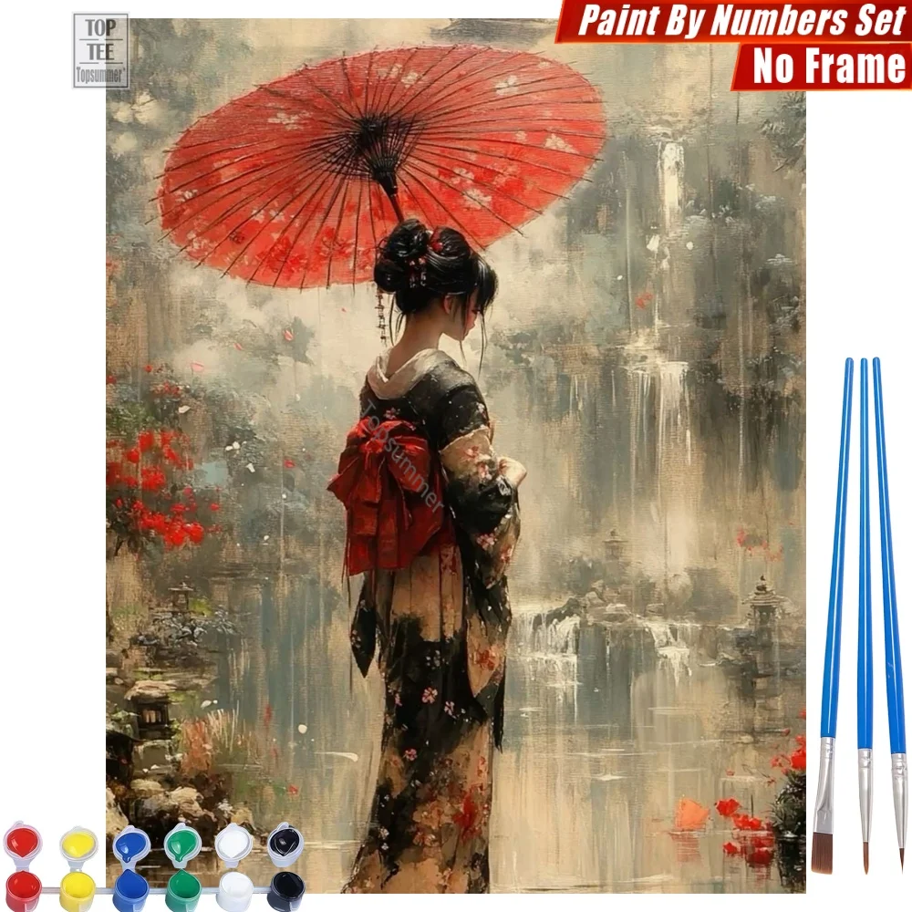 

Distant Kimono Woman Digital Oil Paint Set - Rain Hazy Umbrella Room Decor Christmas Gift For Japan Lover