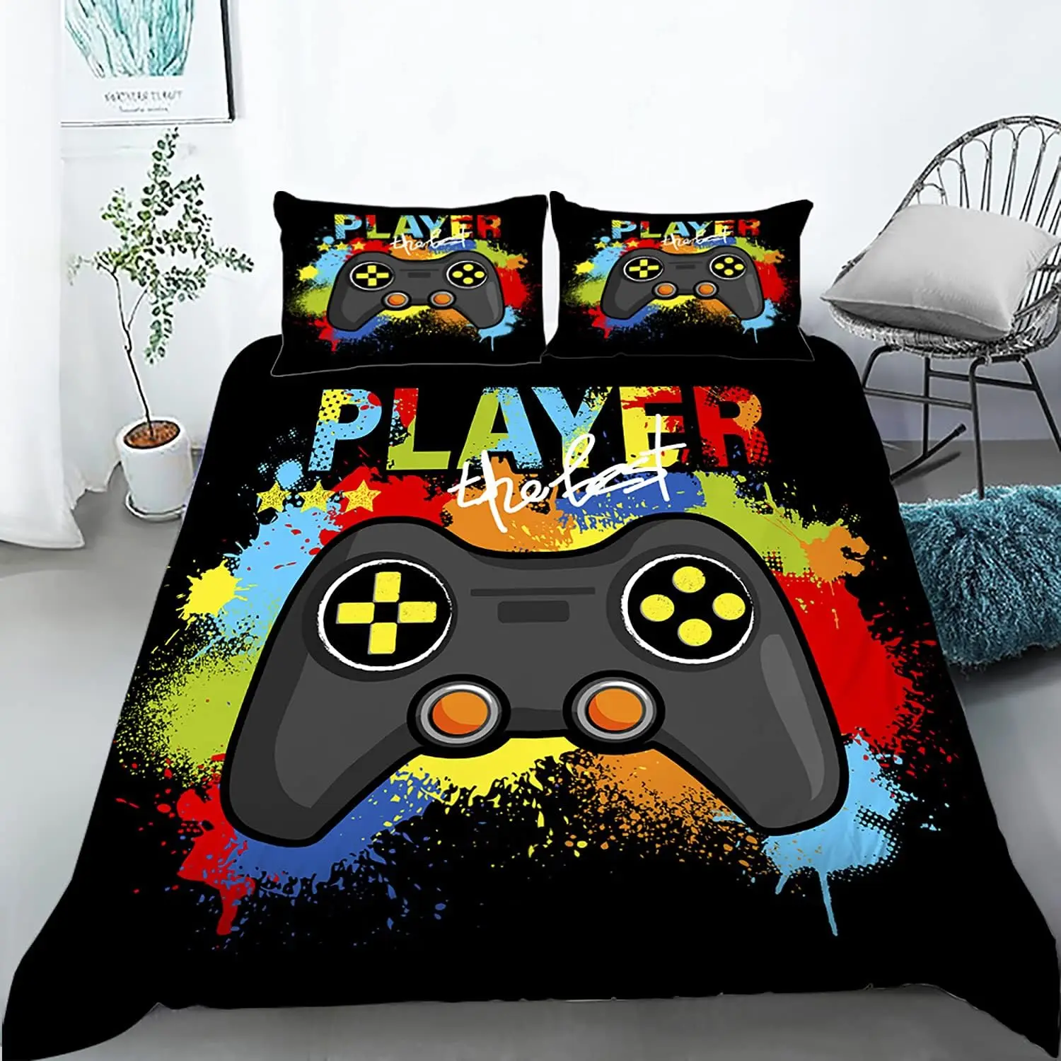 

Modern Gamer Duvet Cover Set with Video Game Print Gamepad Pattern Comforter Bedding for Kids Boys Ideal for Game Room Decor