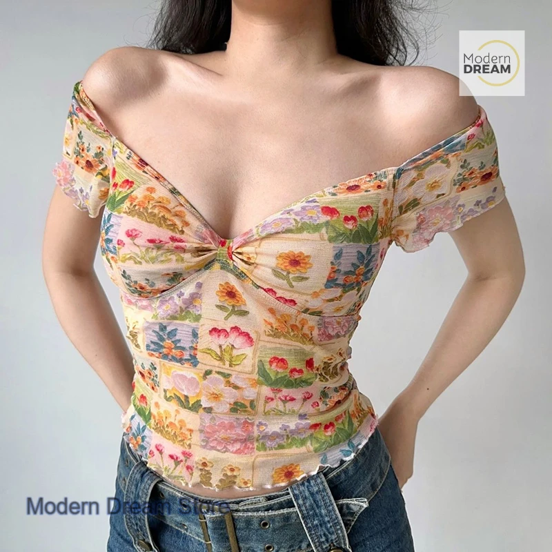 

Summer new oil painting flower printing V-neck lace T-shirt female French fashion niche casual gauze short-sleeved shirt