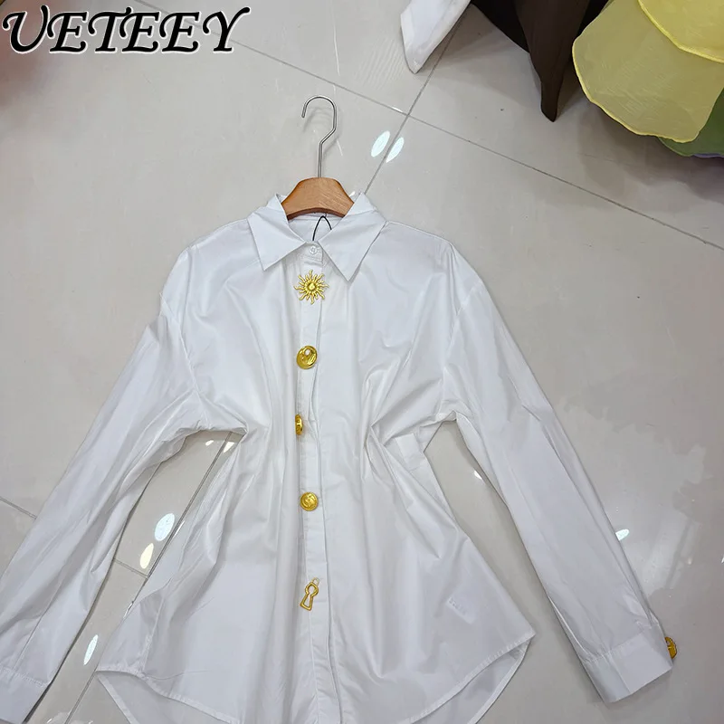 

2026 Summer New White Shirt with High-End Metal Eye Buttons Versatile Loose-Fit Shirts Vintage Top for Women Blouses Female