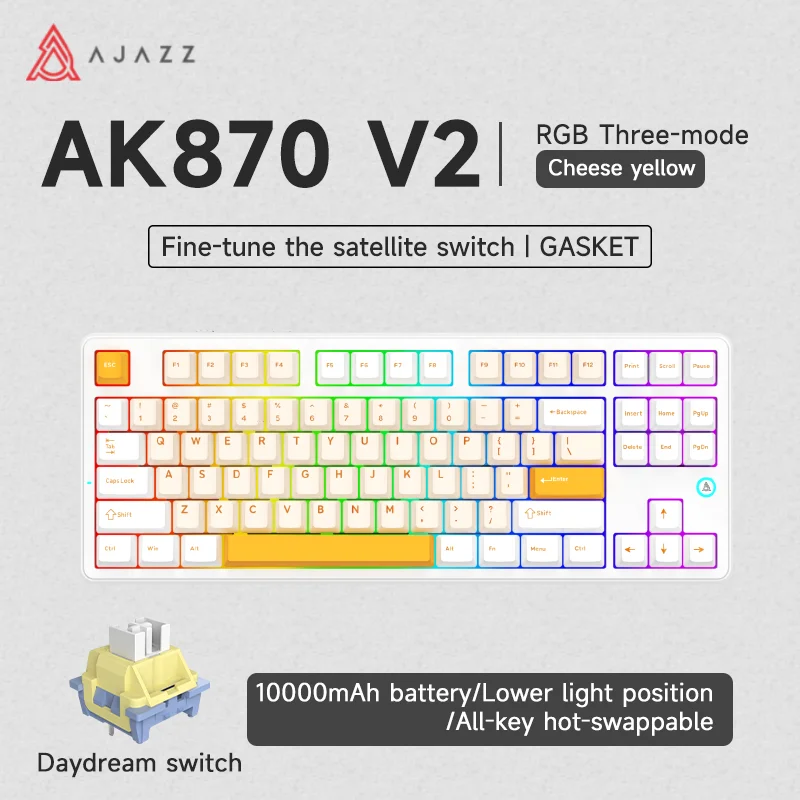 AJAZZ AK870 V2 mechanisch toetsenbord met 87 toetsen, 3-modus draadloos, hot-swap, TFT, RGB, dempen, volumeknop, USB-C opladen