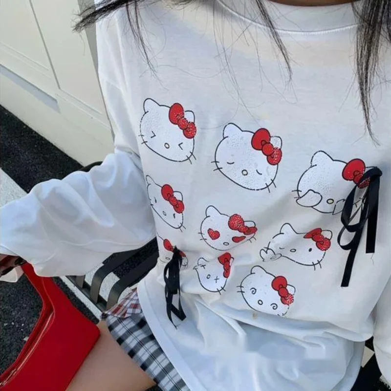 Sanrio Hello Kitty Pure Cotton Korean Version Top Bow Design Cartoon Print Long Sleeved T-shirt Women Mid Long Style Casual Tees