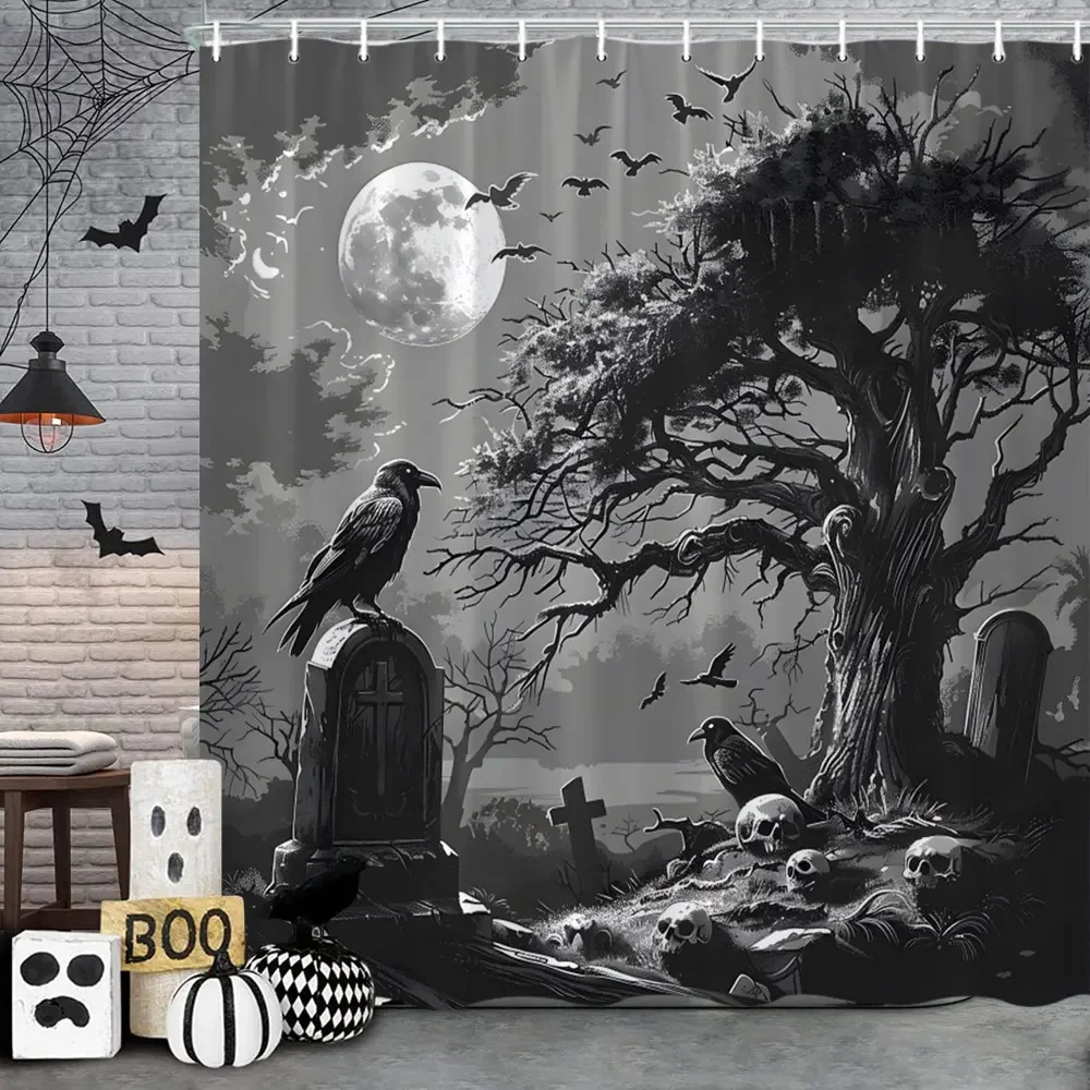 Spooky Horror Halloween Skeleton Crow Shower Curtain Black Bat Black Cat Polyester Fabric Bath Curtain Bathroom Decor With Hooks