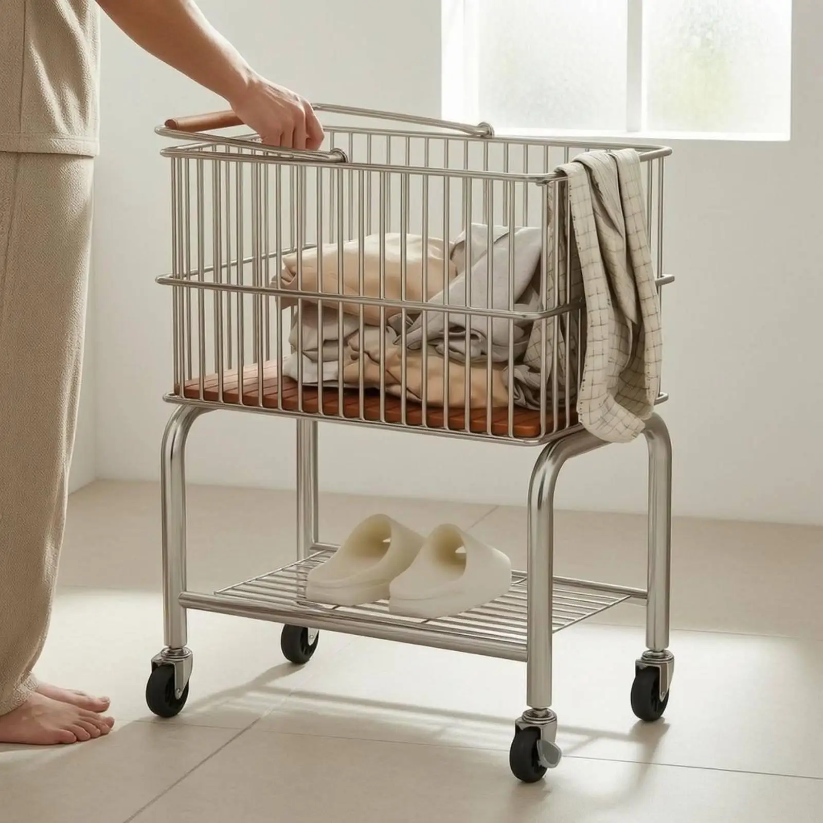 Rolling Laundry Basket Metal Frame Home Utility Hamper with Wheels for Laundry Room Accessories Storage