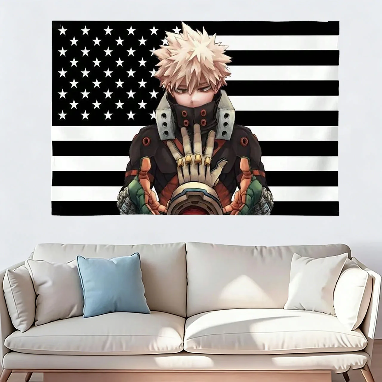 My Hero Academia Bakugo Katsuki Black & White American Flag Tapestry, Anime Wall Hanging for Bedroom Dorm Otaku Decor