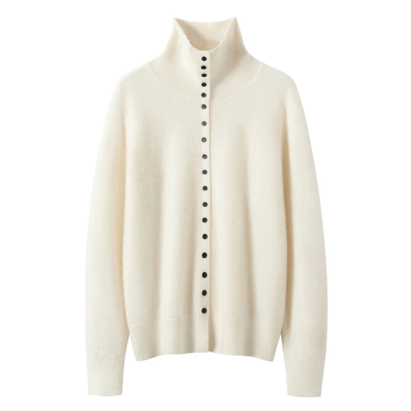 Autumn Winter 100% Cashmere Multi-Button Stand Collar Long Sleeve Cardigan Women Solid Color Casual Textured Commuter Knit Coat