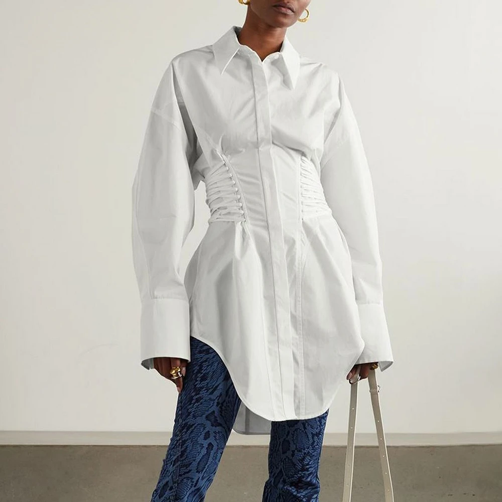 

Solid Spliced Bandage Slimming Blouses for Women Lapel Long Sleeve Patchwork Single Breasted Irregular Hem Shirts Female New