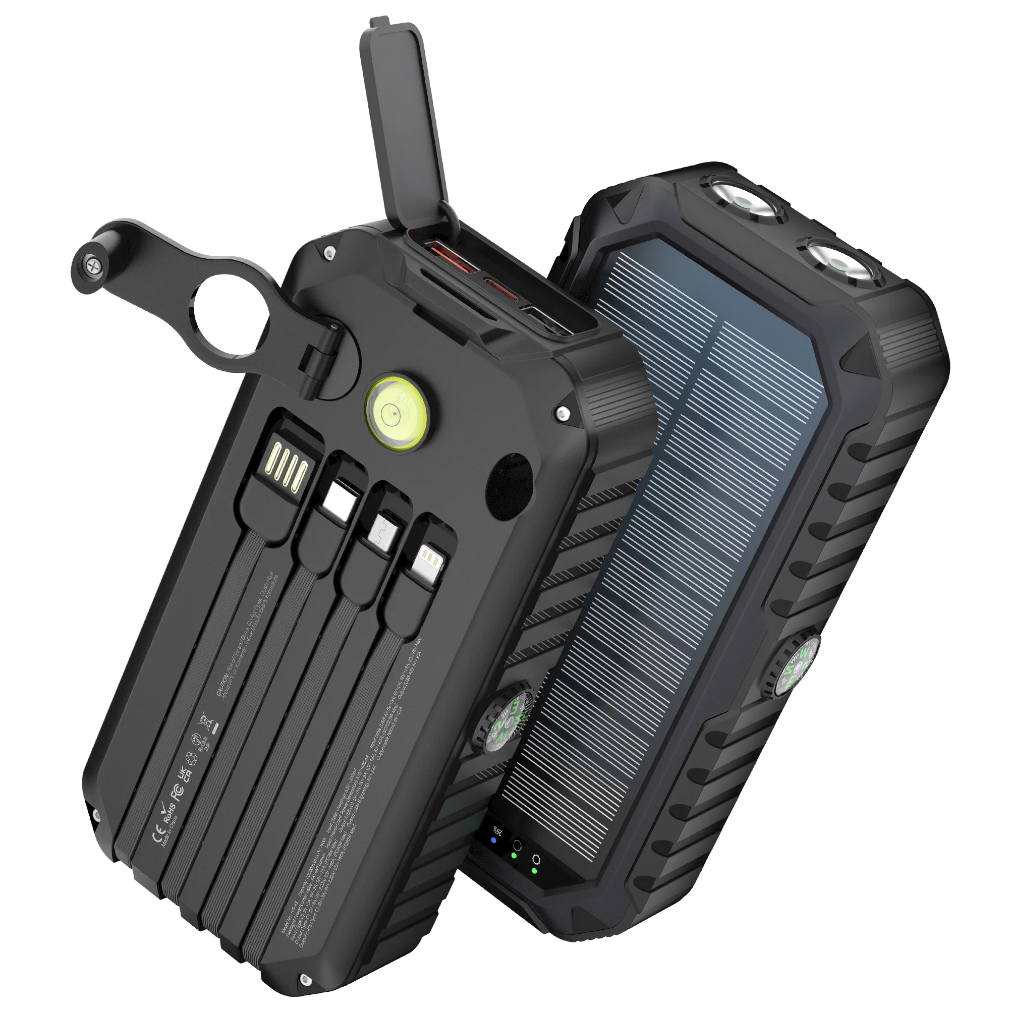 بنك طاقة يعمل بالطاقة الشمسية بقدرة 40,000 مللي أمبير في الساعة مع كرنك يدوي و4 كابلات، شحن سريع مزدوج USB/Type-C، ضوء LED ساطع، بوصلة مدمجة ومستوى #1