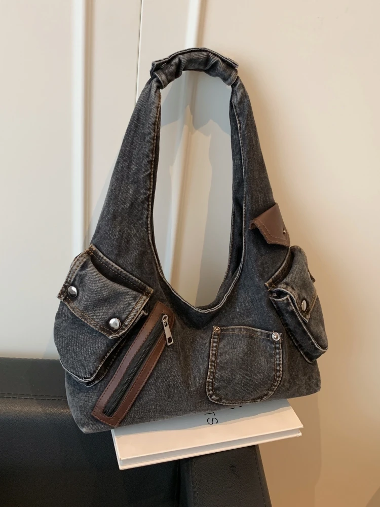 Versatile Large Capacity Casual Canvas Tote Bag Women's Denim Shoulder Bag Multi-Pocket Practical Commuting Handbag