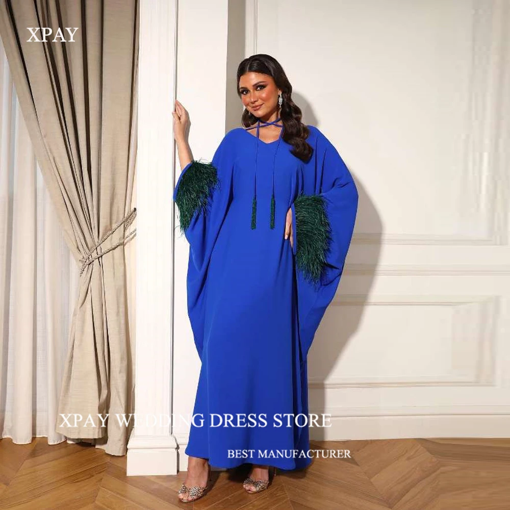 

XPAY Modest Royal Blue Dubai Arabic Formal Evening Dresses Straight Long Sleeves Feathers Crepe Ankle Length Prom Gowns