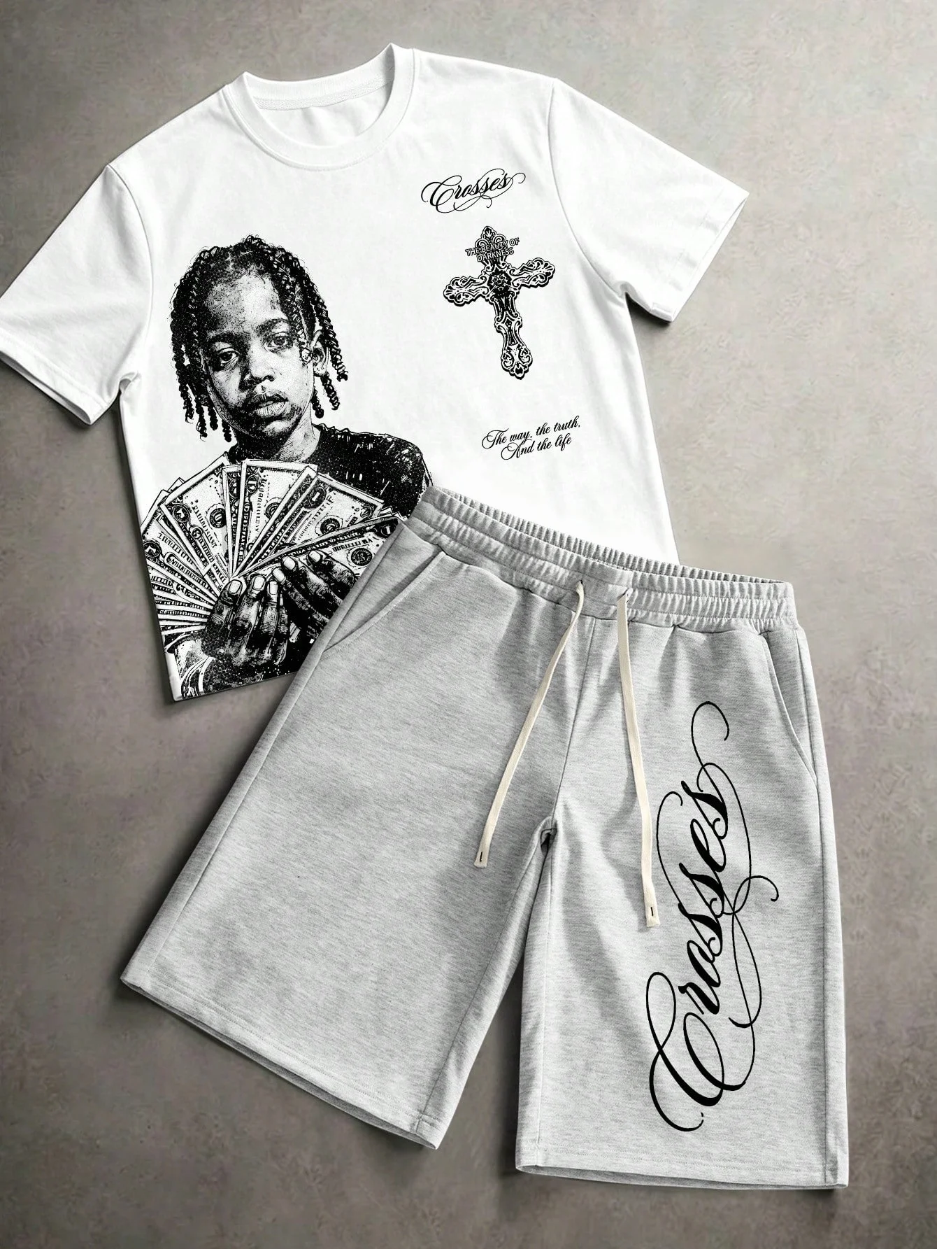 2026 New Vintage Portrait Cross Graphic T-shirt Letter Shorts Two Piece Set Elastic Drawstring Hip Hop Streetwear Outfit kids