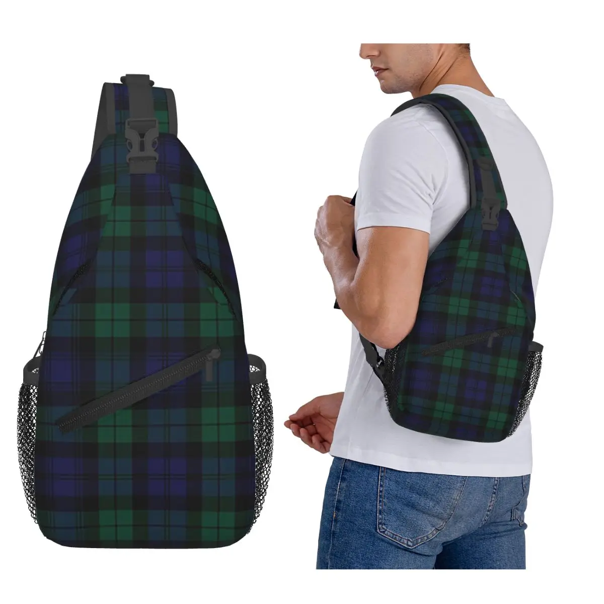 

Blackwatch Tartan Modern Cute Blue And Green Plaid Chest Bag Men Sling Crossbody Backpack Chest Bag Hiking Daypack Shoulder Bag