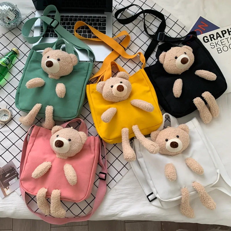 Bolso cruzado de lona para bebé, mochila versátil de oso para mujer, bolso de viaje para niña