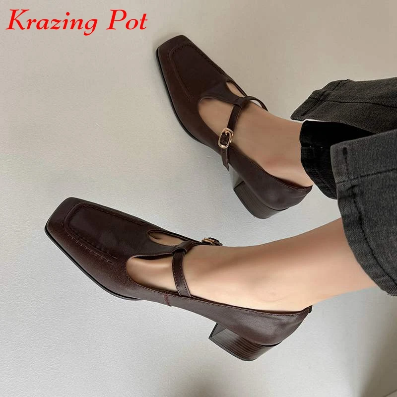 

Krazing Pot Genuine Leather Med Heels Spring Brand Shoes Buckle Straps British School Mary Janes Sheepskin Gorgeous Women Pumps