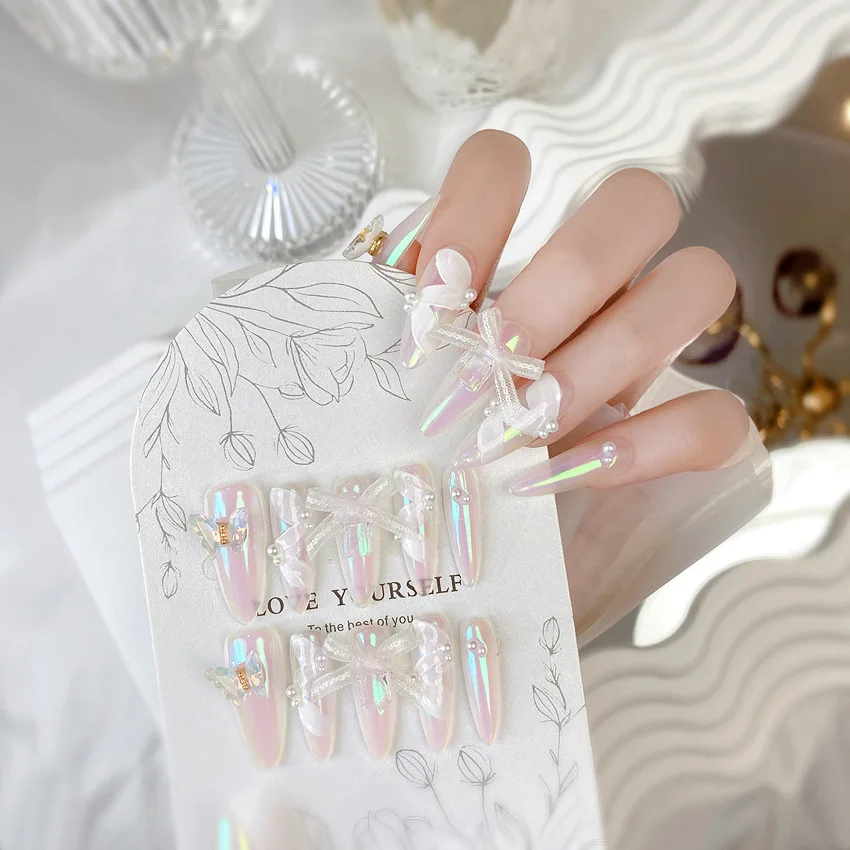 Purely hand-painted bow white moonlight False nails 10PCS