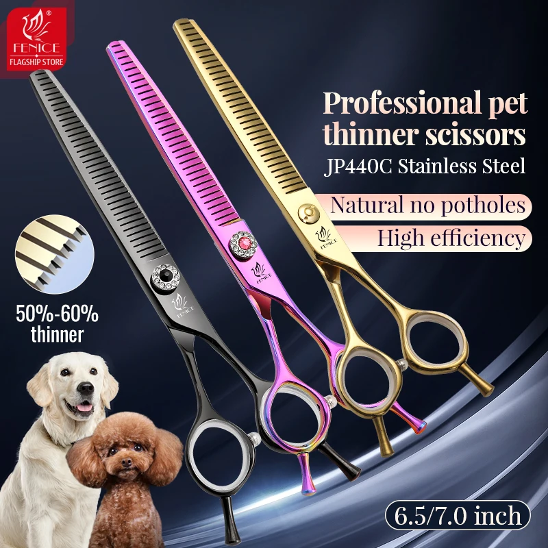 Fenice JP440C Steel 6.5/7 inch Straight Fluffy Thinning Scissors Pet Dog Grooming Shears Dog Scissors Tools Thinning Rate 50-60%