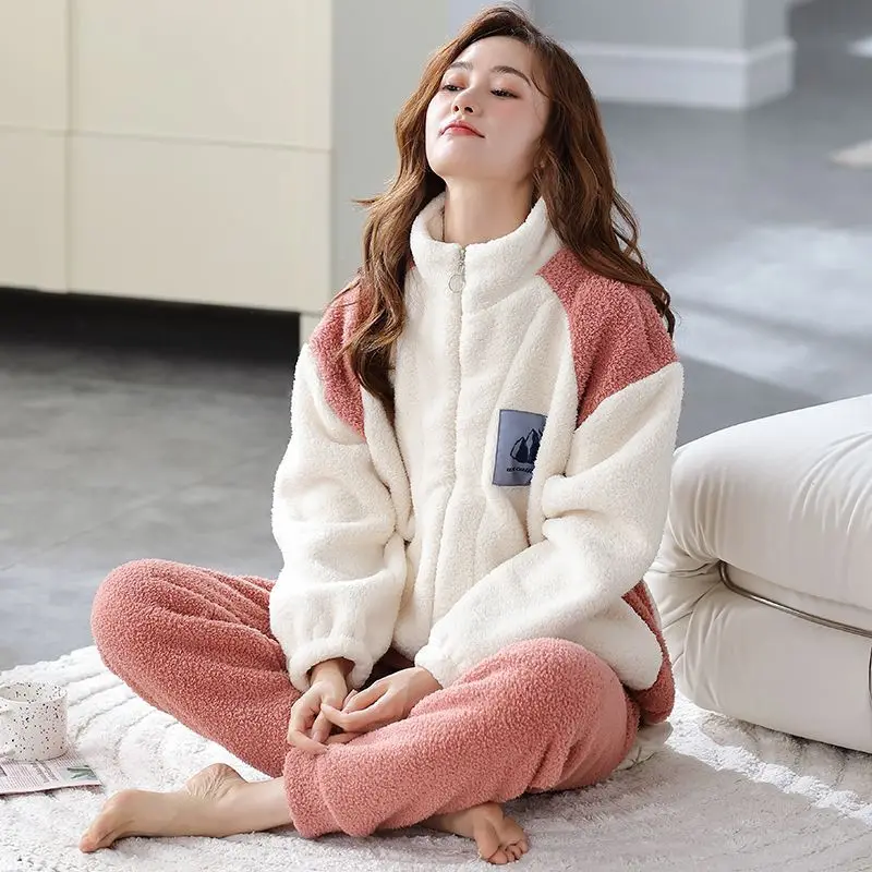 

Thickened New Coral Cashmere Pajamas Women's Winter Cashmere Warm Lamb Cashmere Home Wear Can Wear Flannel Suit Comfortable