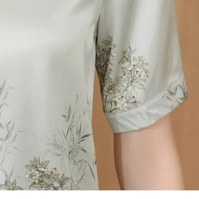 Summer Short Sleeve Button Plant&Flowers Printing Turn-down Collar Cardigan Chiffon Shirt Elegant Women\'s Clothing Casual Tops