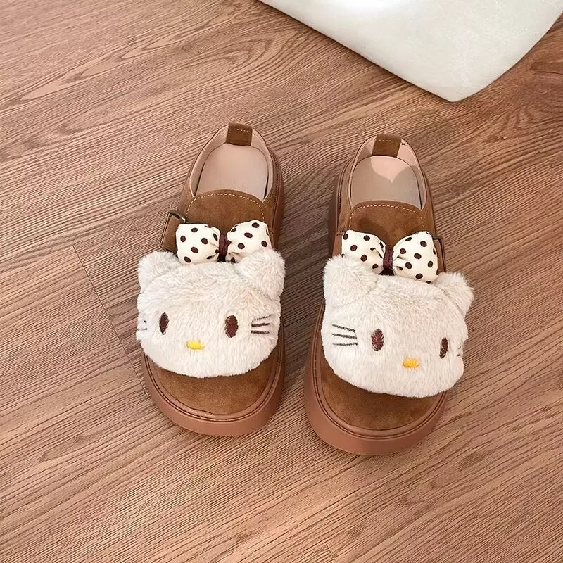 Velvet Warm Hello Kitty Fury Shoes 2024 Autumn/Winter New Retro Soft Bottom Casual Comfortable Cotton Slippers