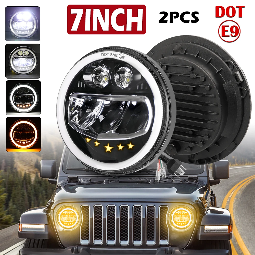 

HL 1/2pcs 7 Inch Round Motorcycle LED Headlight H4 High Low Beams 6000K LED Driving Light with Amber DRL For Harley Cars SUV 12V