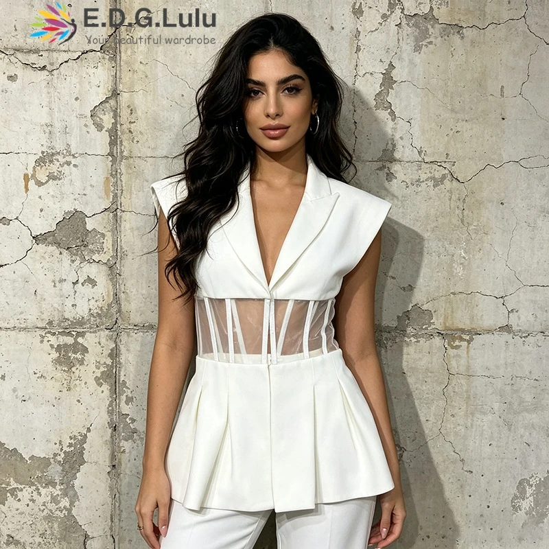 EDGLuLu 2026 New Turn-Down Collar Sleeveless Vest Jacket Woman Design High Waisted Mesh Splicing White Vest Coat 0523